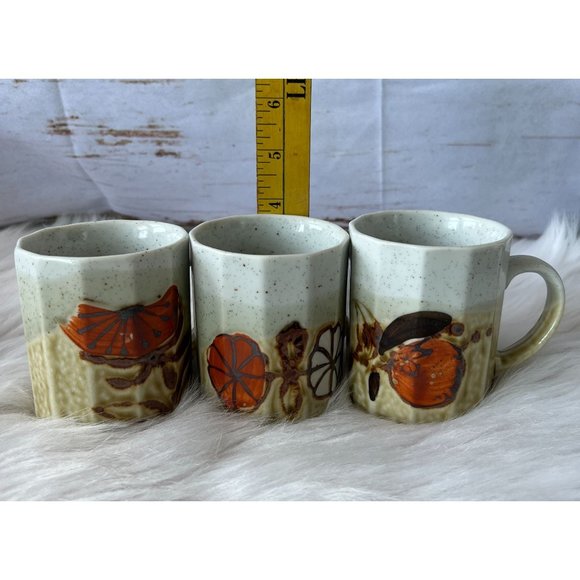 Set of 3 Vintage Japanese Stonewear Mugs, Earth tones with orange designs. - Picture 5 of 6